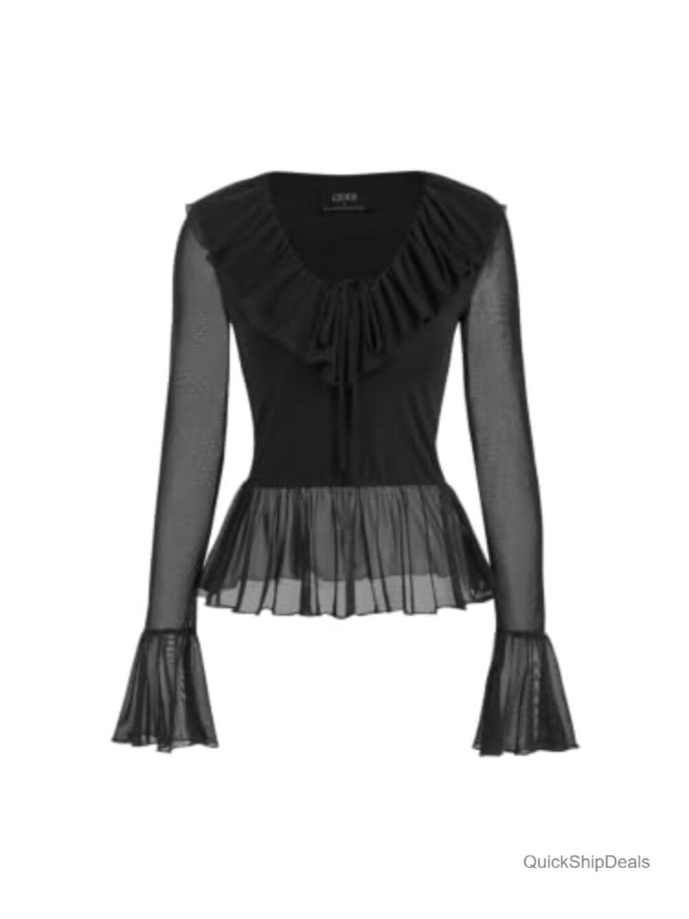 Women's Stretchy Lace Crop Top Mesh Ruffle Hem Long Sleeve Boho Shirt